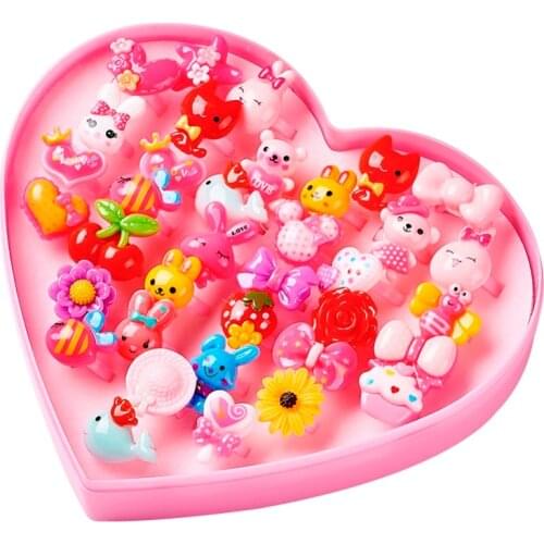 36pcs/box 13mm Cute Mixed Shape Color Acrylic Kids Cuff Animal Heart Fruit Rings Gift Christmas Present Girls Ring for Party