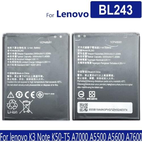BL243 Battery for Lenovo K3 Note K50-T5 A7000 A5500 A5600 A7600-M 2900mAh supply tracking number