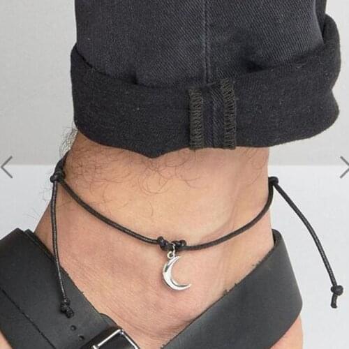 Reclaimed Vintage Inspired Anklet With Moon Pendant Black Leather Cord Lucky Bracelet Anklet Adjustable For Men Women Surf