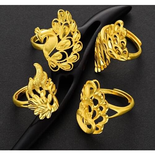 Charm Ring Women Opening Peacock Phoenix Finger Band Yellow Gold Filled Classic Wedding Party Female Accessories