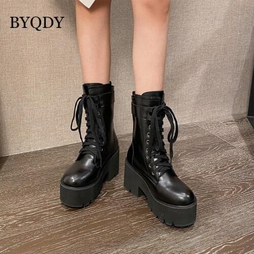 BYQDY New Full Grain Leather Round Toe Boots For Woman Cross-tied Chunky Heels Lace up Plus Size 41 Keep Warm Mid-calf Booties