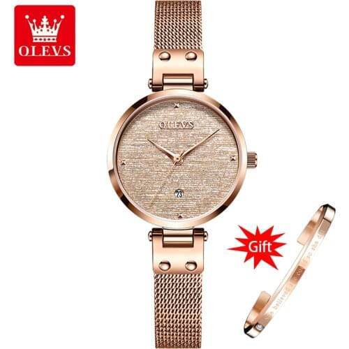 OLEVS ladies watch quartz movement simple waterproof rose gold stainless steel mesh ladies watch relogio feminino free bracelet