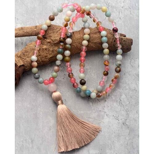Girly Womens 8MM Quartz Natural Stones Cozy Tassel 108 Beads Mala Yoga Meditation Lariat Necklace Dropshipping