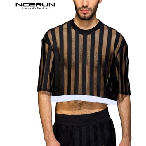 INCERUN Men T Shirt Striped Patchwork Mesh O Neck Half Sleeve Crop Tops 2021 See Through Streetwear Fashion Sexy Party Camisetas