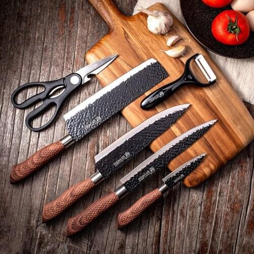 Kitchen knife set European stainless steel black blade 6 pieces set chef special set knife bread scissors fruit knife set knife