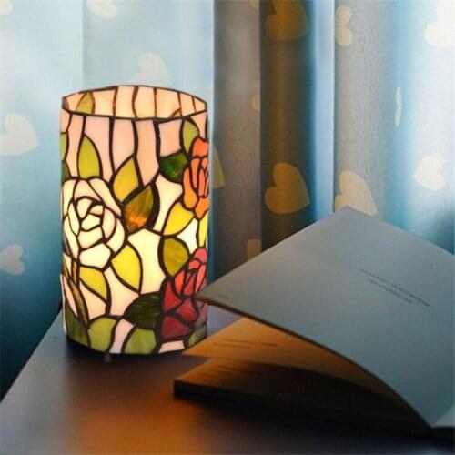 Romantic Tiffany Glass Roses Cylinder Table Lamp for Foyer Bed Room Bar Apartment Glass Reading Night Light H 20cm 1073