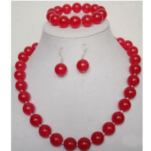 New hot Natural 12MM red jade necklace bracelet earrings set18'' 7.5