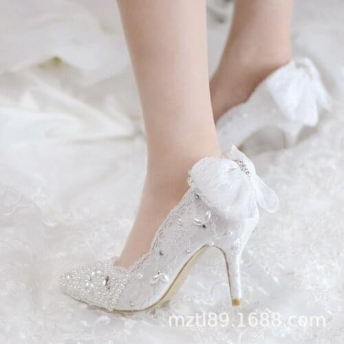 Spring new lace pearl rhinestone stiletto high heel bridal wedding shoes bow knot banquet dress large size womens single shoes