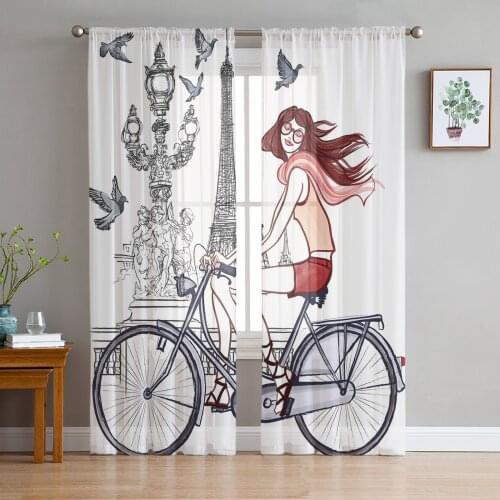 Paris Girl Love Landmark French Tower Sheer Curtains for Kids Girl Bedroom Living Room Window Valance Kitchen Decor