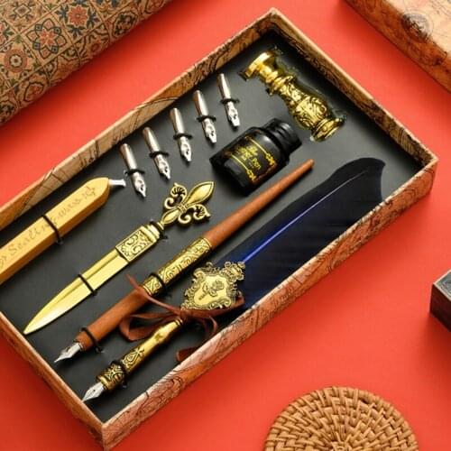 Calligraphy Quill Feather Dip Pen Fountain Writing Ink Nibs Seal Wax Gift Box