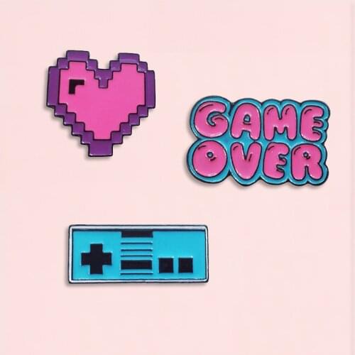 Pink Heart Game Over Enamel Pin Blue Gamepad Badge Brooch Denim Shirt Backpack childhood Jewelry Gift For Friends Children