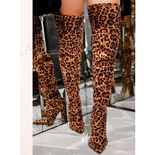 BERZIMER Women Over Knee Heels Boots Chunky Block High Heels Faux Suede Boots Studded Ladies Shoes Woman Large Size 30 45 46 47