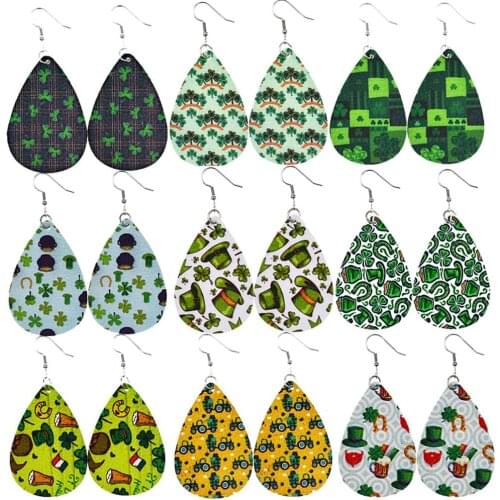 St Patricks Day Faux Leather Earrings Hat Clover Leaf Printed Earrings 2021
