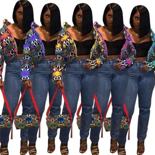 Warm Thick 2020 Winter Colorful Snakeskin Print Women Down Jacket Zipper Long Sleeve Cotton Padded Coat Fashion Casual Outwear