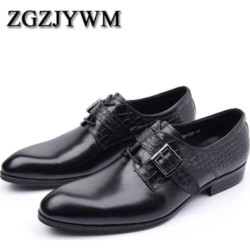 ZGZJYWM Men Genuine Leather Black/Red Buckle Strap Solid Dress Pointed Toe Italian Wedding Men Formal Oxford Shoes