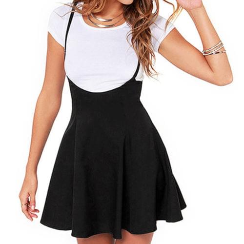Women Ladies Mini Suspender Skater Skirt High Waisted Pleated Adjustable Strap Suspender Skirts Black Fashion Mini Skirts