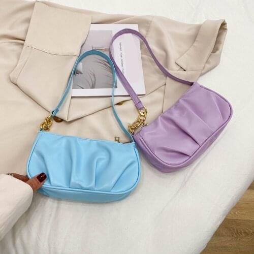 Vintage Women Pleated Thick Chain Pure Color Shoulder Underarm Bag Casual Ladies Small Handbag Purse