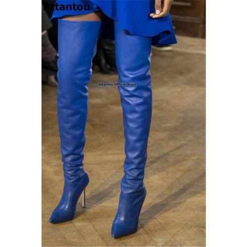 Blue Leather Runway Over The Knee High Heels Boots Women Pointed Toe Catwalk Show Shoes Woman Crotch Thigh High Heeled Boot