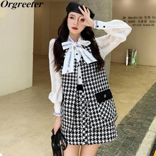 Elegant Black Tweed Tank Jacket Skirt Two piece set Women Korean Fashion Letter Print Lantern Sleeve Lace Shirt +Vest +Skirt Set