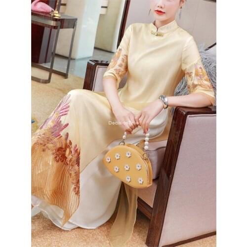 2021 chinese dress women evening party dress gown elegant qipao lace cheongsam chinese style flower embroidery wedding dress