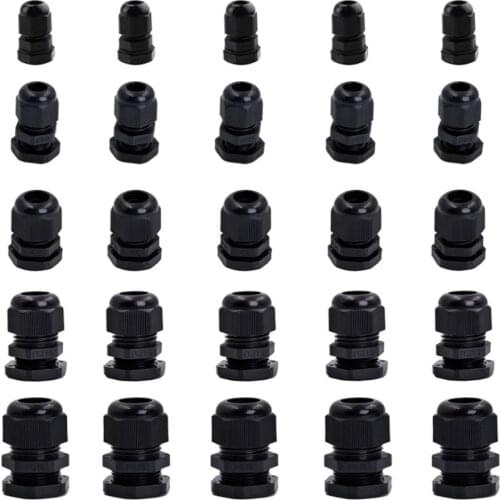 25pcs Each of 5 PG7 PG9 PG11 PG13.5 PG16 Thread Nylon Cable Gland Wire Connector Waterproof Plastic Cable Gland Reducer