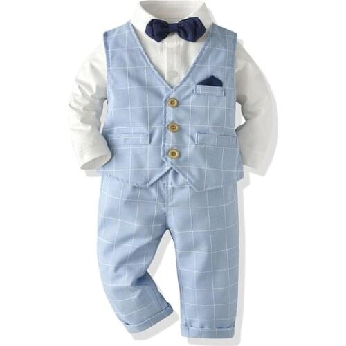 3Pcs Baby Boy Clothes Suit Infant Gentleman Outfits Newborn Birthday Clothing Set Baptism Toddler White Shirt +Bowtie+Vest+Pants