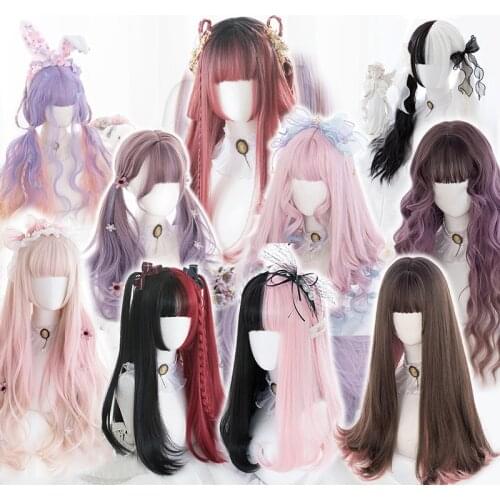 Allaosify Synthetic Long Lolita Wig with Bangs Straight and Curly a Variety of Styles and Colorful Cosplay Wigs for Women