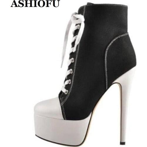 ASHIOFU 2020 New Handmade Womens Sky-heels Boots Canvas Sexy Platform Sport-style Ankle Booties Large Size Fashion Short Boots