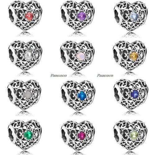 Authentic 925 Sterling Silver Openwork Month Signature Heart Birthstone Charm Beads Fit Pandora Bracelet & Necklace Jewelry