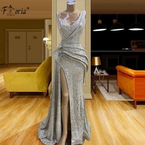 Glitter Silver Mermaid Evening Dresses 2021 Sexy High Split V Neck Ruched Dubai Arabic Prom Dress Plus Size Robe De Soiree