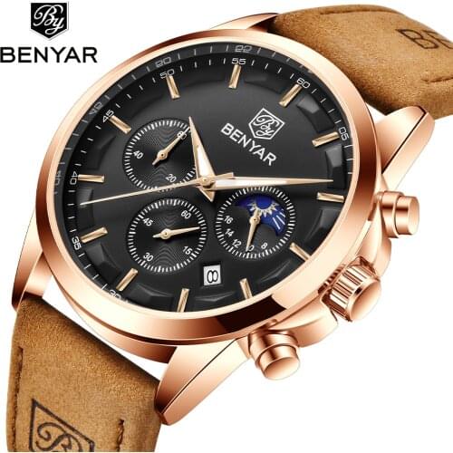 BENAYR Sports Casual Men Watch Waterproof 30M Luxury Quartz Watch for Men Top Brand Leather Fashion Chronograph reloj hombre