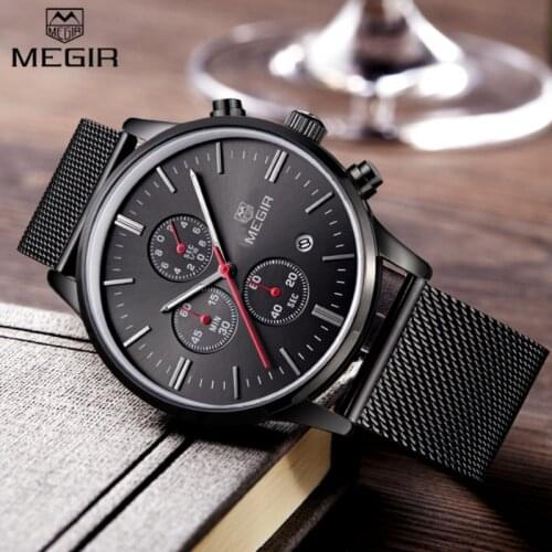 Watches Men MEGIR Brand Chronograph Fashion Simple Men Watches Stainless Steel Mesh Band Quartz-Watch Thin Dial Man Casual Clock