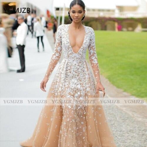 Elegant Meimaid Prom Dresses Long Sleeves 2020 V Neck Lace Detachable Skirt Arbic Formal Dress Evening Gown Celebrity Dresses