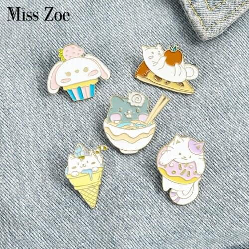 Cat and Food Enamel Pin Pizza Ice Cream Ramen Donuts Cupcake Brooches Bag Lapel Pin Cartoon Badge Jewelry Gift for Kids Friends