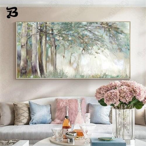 Canvas Painting Wall Art Green Trees Modern Abstract Oil Painting Forest Spring Birch Tree-Lined Posters Prints for Living Room