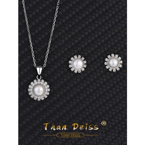 S925 Sterling Silver Round Necklace Two-Piece Set Of Micro-Set Zirconia Freshwater Pearl Pendant Earrings Fashion Simple Female