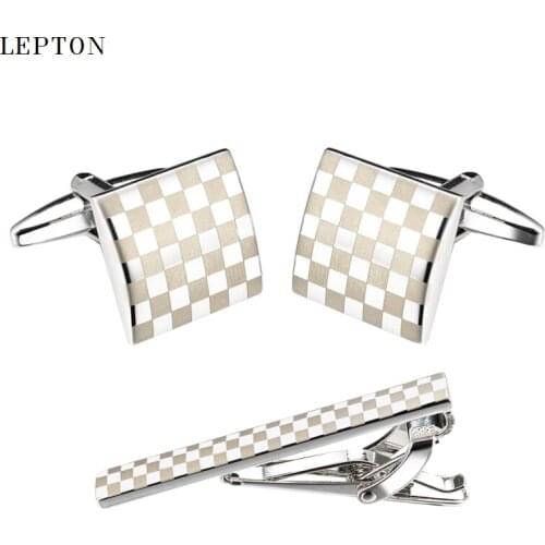 Lepton Classic Square Silver color Laser Stripe Bussiness Cufflinks Tie Clips Set High Quality Necktie Pin Tie Bars Clip Clasp