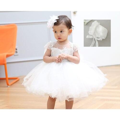 Fashion Kids Girls Dress Toddler Lace Christening Dress with Hat for Christening Birthday Party Baptism Girls Dress