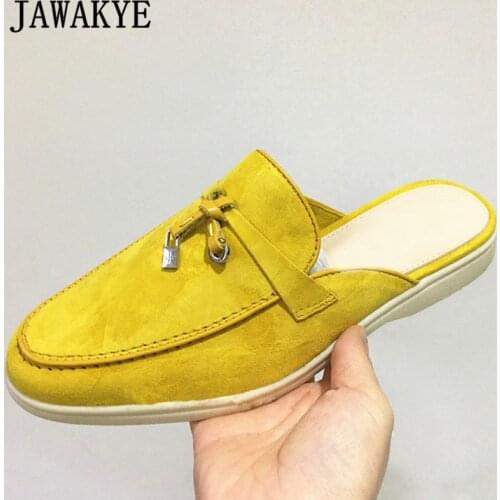 2021 New Leather Tassel Women Flat Mules Summer Walk Slides Suede Closed Toe Half Loafers Surround Comfort Casual Slippers Woman