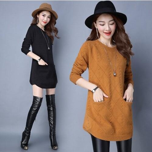 New Fashion Women Autumn Winter Long Knitted Sweater Pullovers Dress Casual Korean Clothes Long Sleeve Warm Female O-Neck Tops