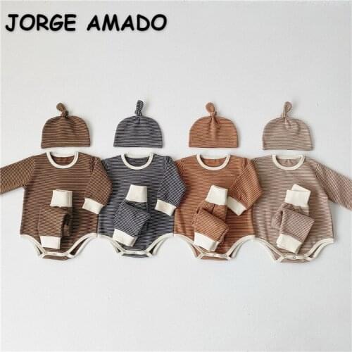 2021 Spring New Baby Romper 3piece Pajama Sets Girls Boys Thick Striped Bodysuit +Leggings+ Cap Baby Clothes E2508