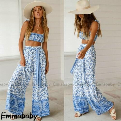 Boho Beach Summer Floral Two Piece Set Women Ladies Holiday Crop Top and Pant suit Outfit Set Playa Beachwear 2 piece set