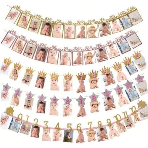 Baby 12 Months Photo Banner Baby full month Birthday Party Decoration Paper photo Boy Girl 1st Birthday Baby Shower Decorations