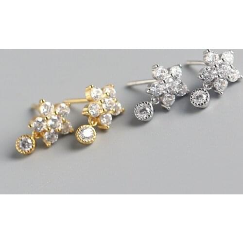 Real 925 Sterling Silver Zircon Snowflake Stud Earrings For Fashion Women Party Fine Jewelry Geometric Cute Accessories