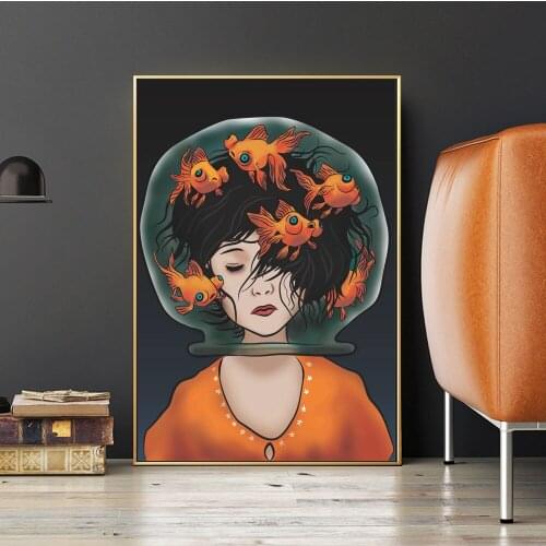 Modern Girl Head In Fish Tank Abstract Canvas Painting Poster And Prints Wall Art Pictures For Living Room Home Decor Cuadros
