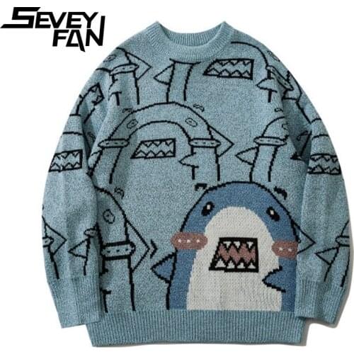 SEVEYFAN Mens Funny Cartoon Shark Jacquard Sweaters Loose O Neck Cotton Kintwear Hip Hop Pullover Sweater for Couples