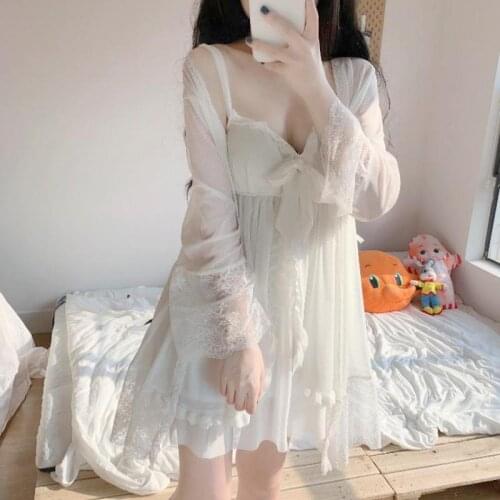 Womens Nightdress V-neck Lace Two-Pieces Home Sleeping Suit Dress Sleepwear Soft Comfy Robe Gown Sets