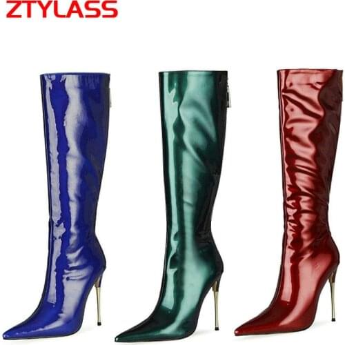 2021 Fashion Zipper Patent Leather Women Knee High Boots Sexy Metal Stiletto Long Boots Ladies Autumn Winter Pointed Toe Shoes