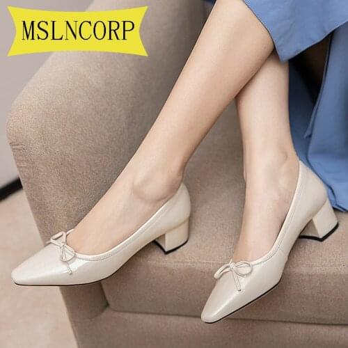 Plus Size 34-43 Women Pumps Bowtie Thick Heel Women Shoes Square Toe Mid Heels Dress Work Pumps Comfortable Ladies Shoes Sandals