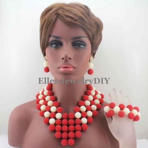 2019 Hot Red/White African Beads Rushed Classic Women Jewelry Set New Arrived Nigerian Set Necklace African Beads W13224
